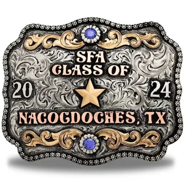 The Lumberjack Belt Buckle boasts a beautifully hand-engraved German Silver background with a detailed berry border and intricate Jewelers Bronze scrollwork. Create now a standout western belt buckle that celebrates your achievements in style!